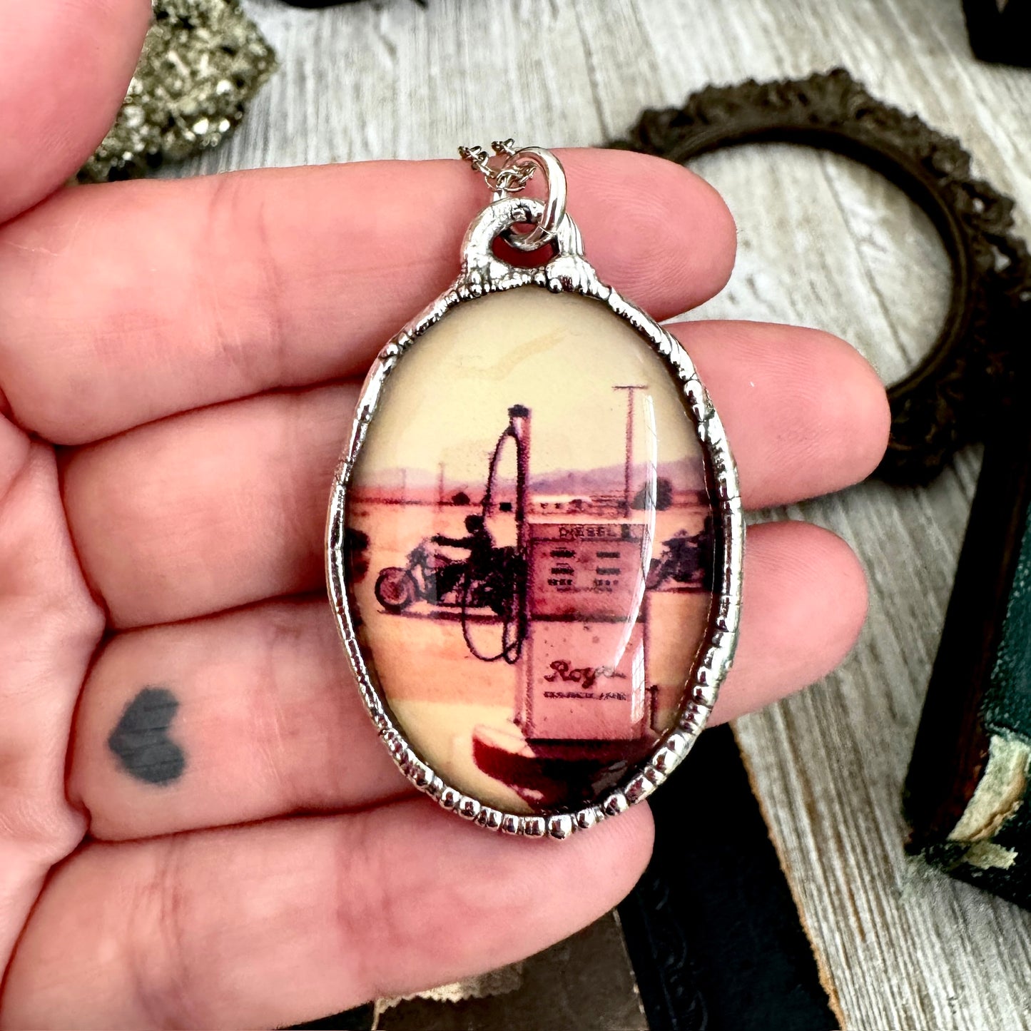 Road To Nowhere - Vintage Motorcycle / Gas Pump Necklace Fine Silver - One of a Kind