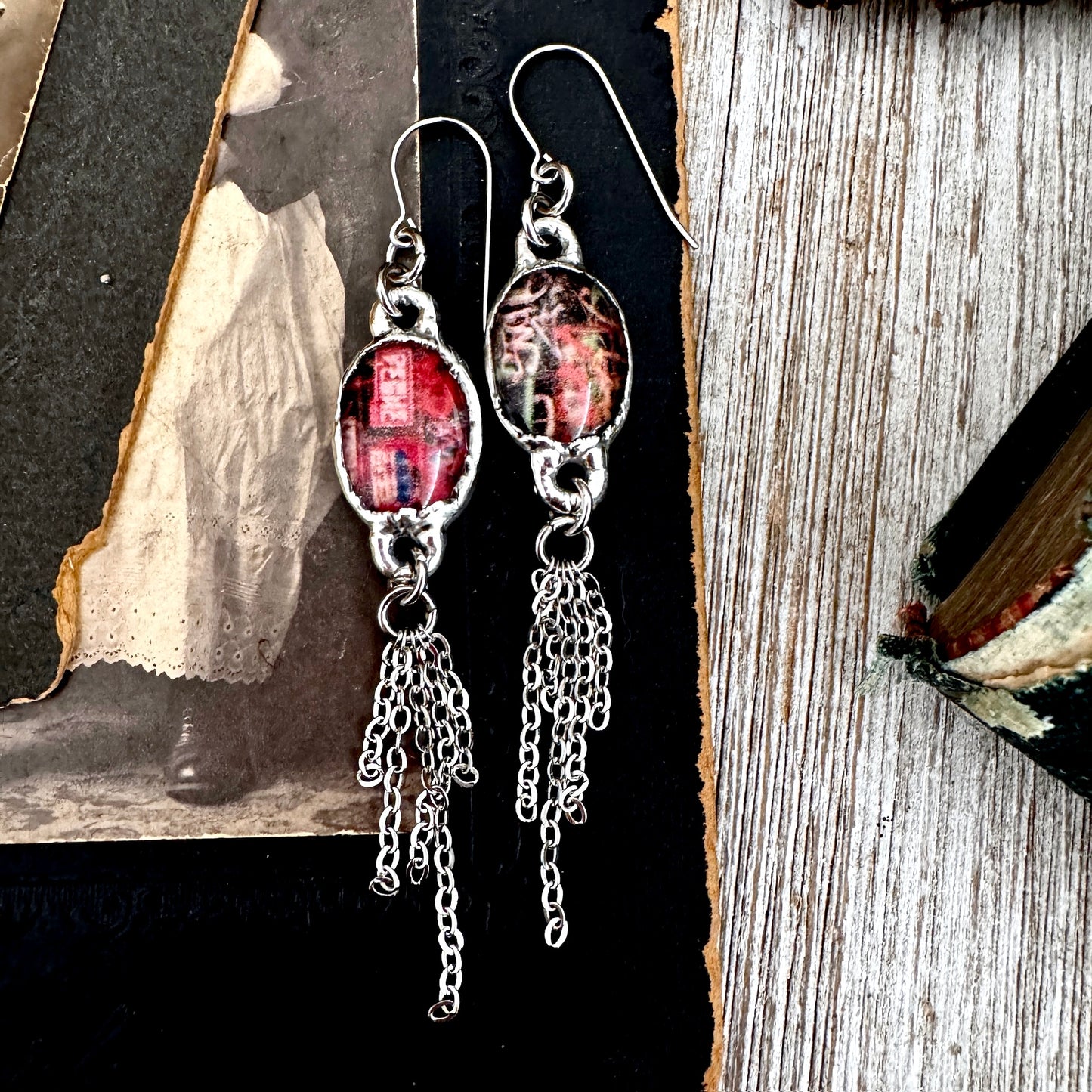 Road To Nowhere - Mismatched Dive Bar Graffiti Fine Silver Long Fringe Earrings