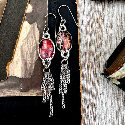 Road To Nowhere - Mismatched Dive Bar Graffiti Fine Silver Long Fringe Earrings