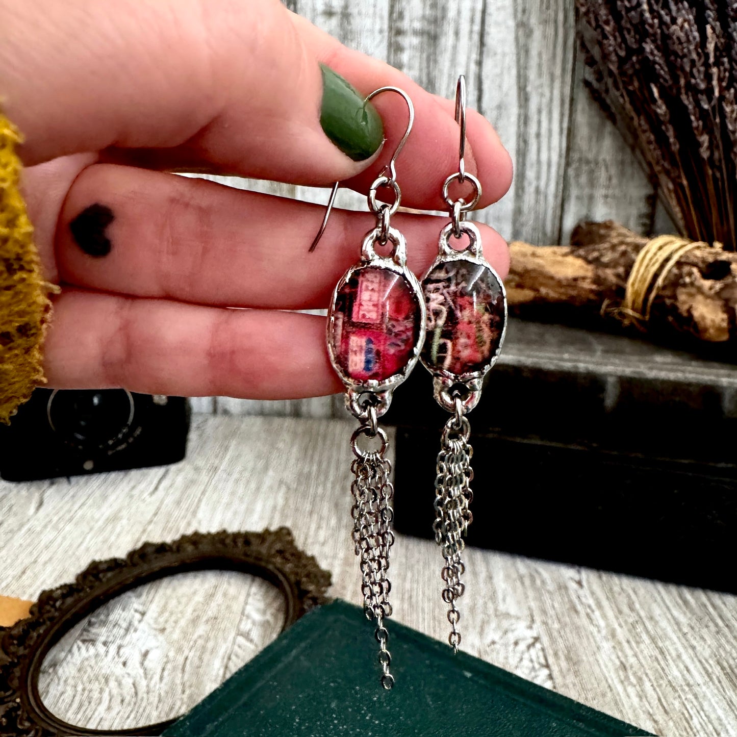 Road To Nowhere - Mismatched Dive Bar Graffiti Fine Silver Long Fringe Earrings