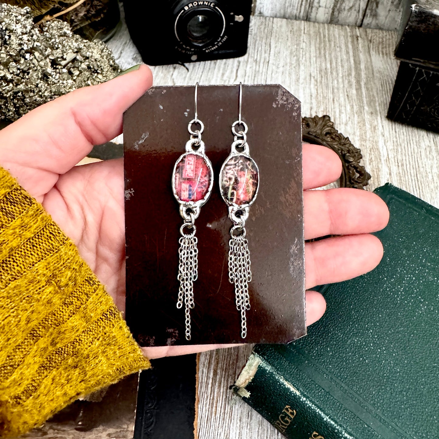 Road To Nowhere - Mismatched Dive Bar Graffiti Fine Silver Long Fringe Earrings