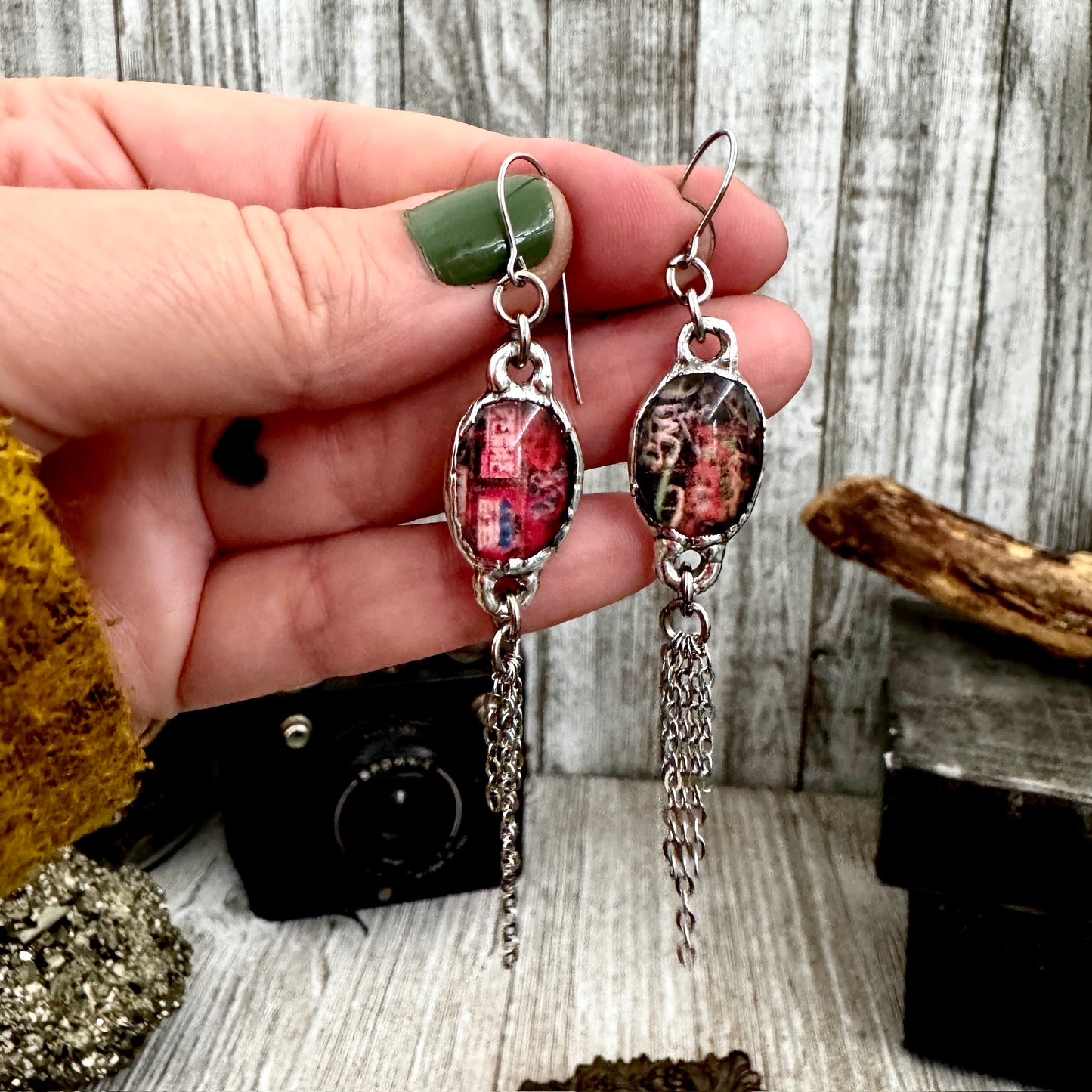 Road To Nowhere - Mismatched Dive Bar Graffiti Fine Silver Long Fringe Earrings