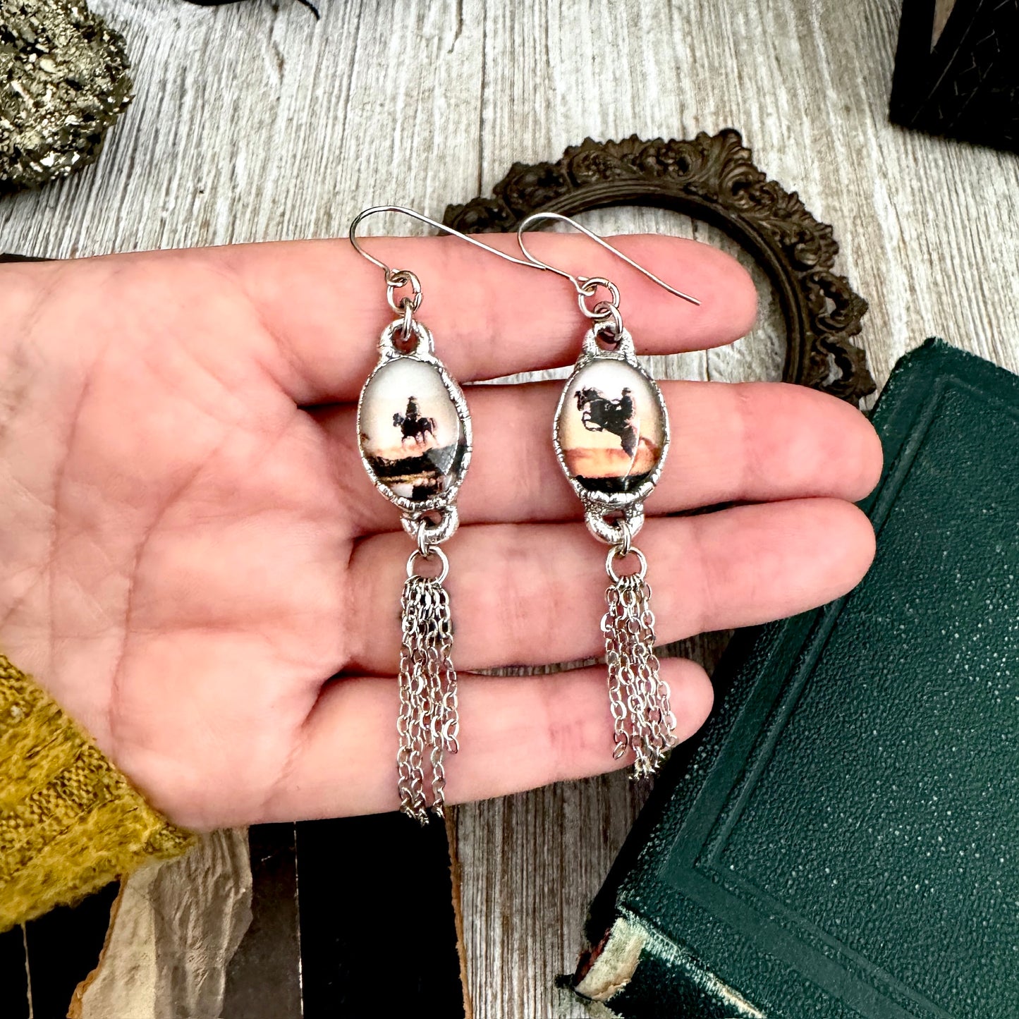 Road To Nowhere - Mismatched Vintage Cowboy On Horse Fine Silver Long Fringe Earrings