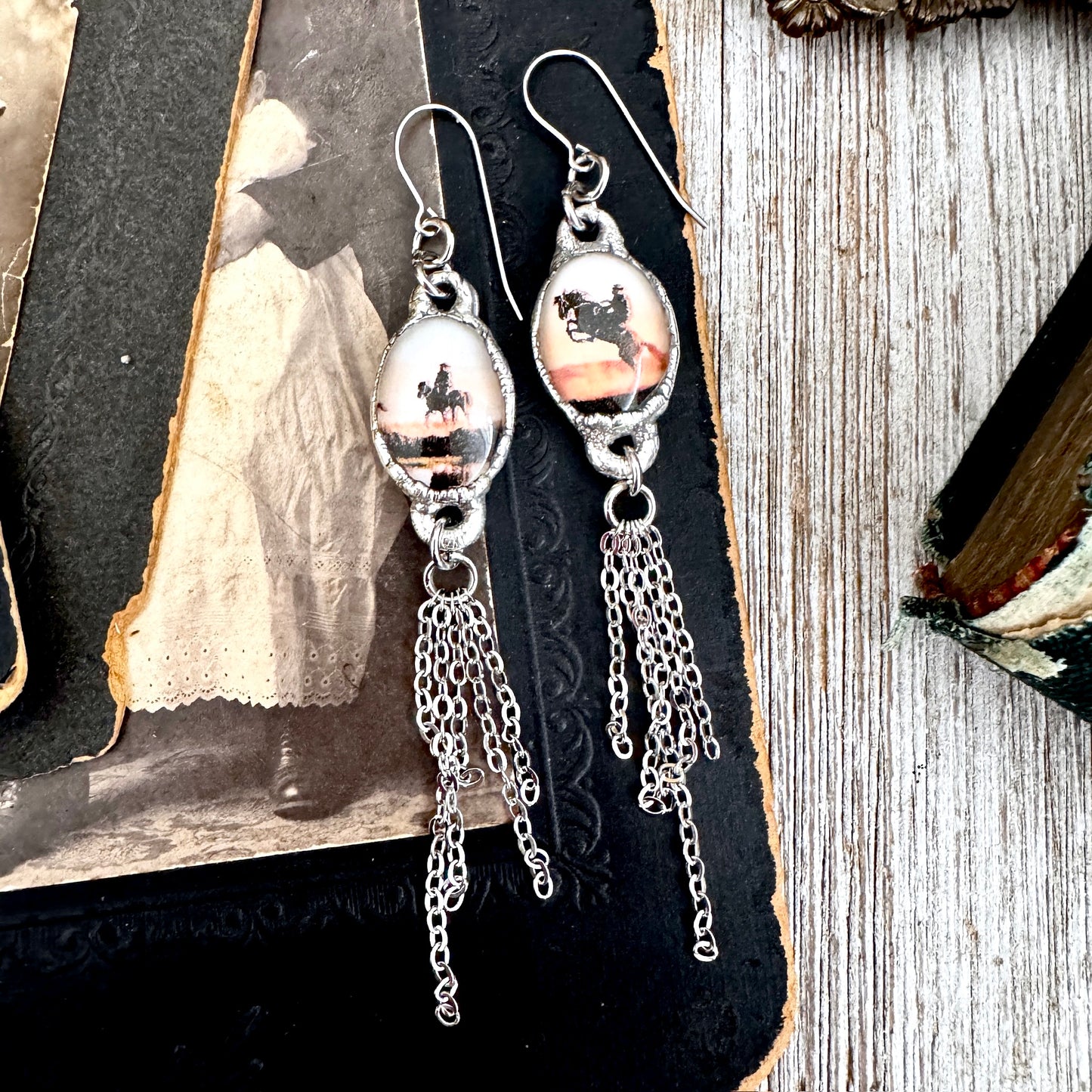 Road To Nowhere - Mismatched Vintage Cowboy On Horse Fine Silver Long Fringe Earrings