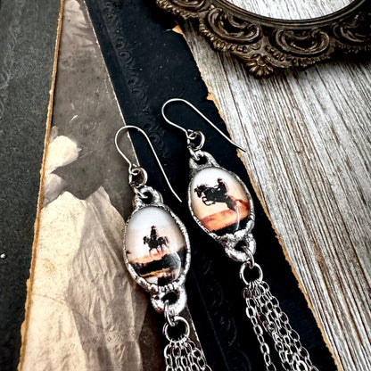 Road To Nowhere - Mismatched Vintage Cowboy On Horse Fine Silver Long Fringe Earrings
