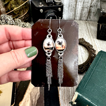 Road To Nowhere - Mismatched Vintage Cowboy On Horse Fine Silver Long Fringe Earrings