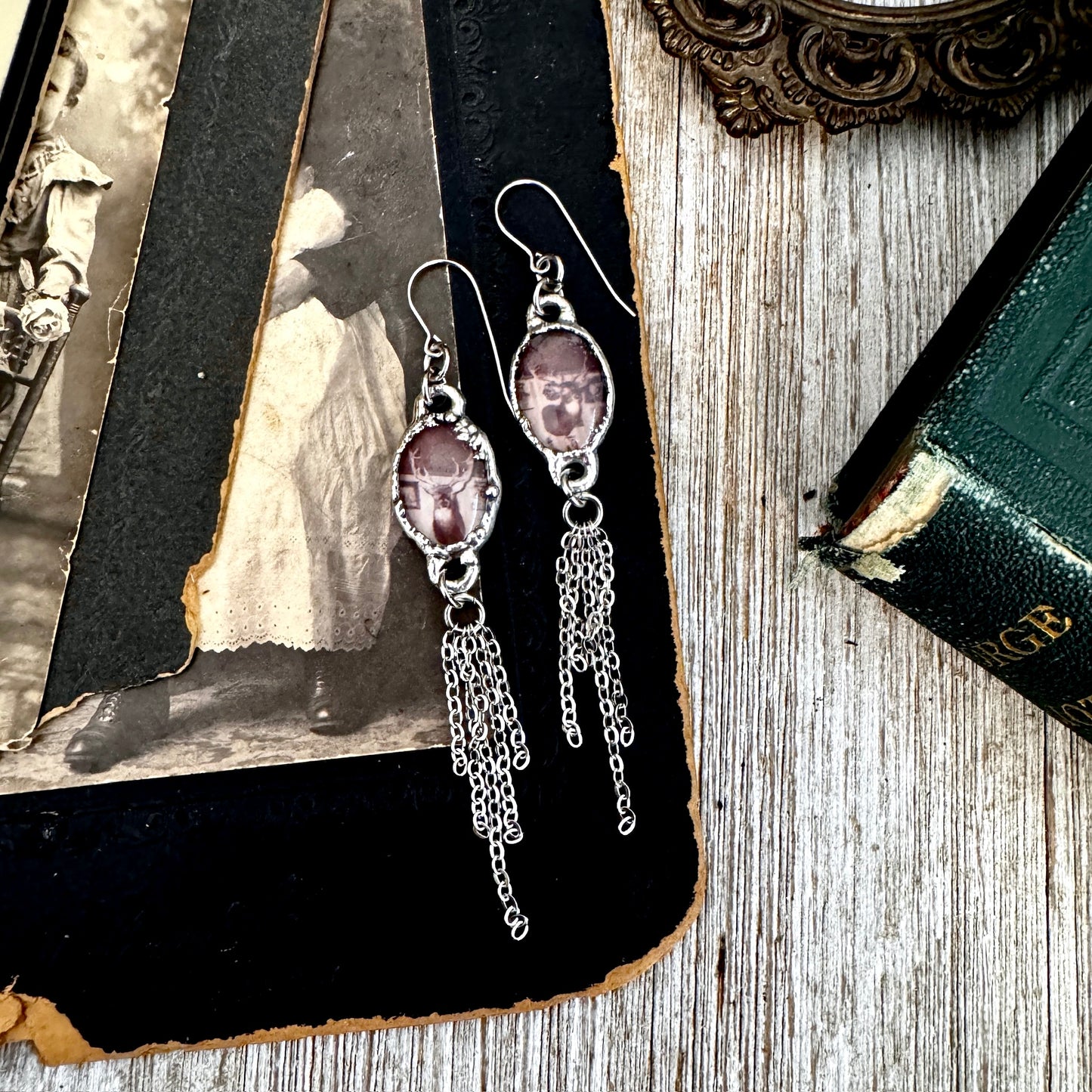 Road To Nowhere - Mismatched Vintage Bar / Deer Taxidermy  Fine Silver Long Fringe Earrings