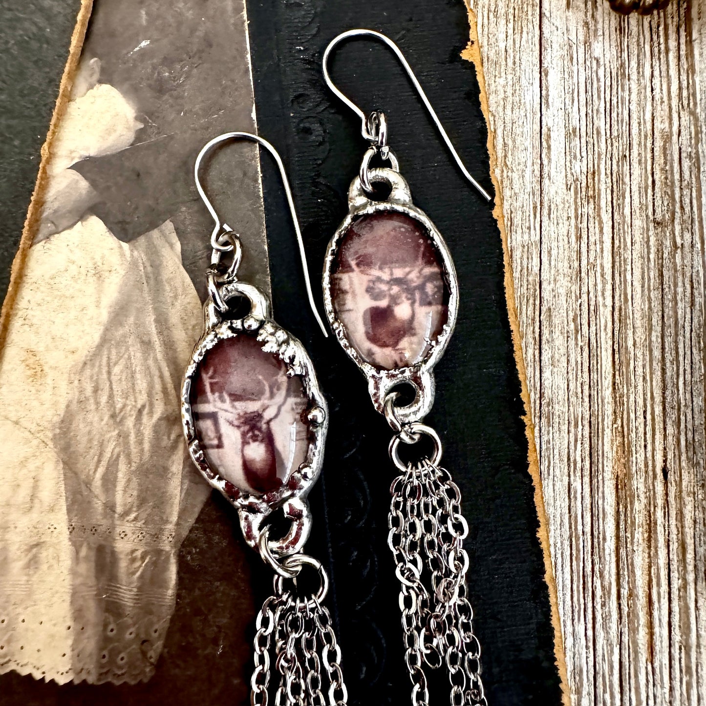 Road To Nowhere - Mismatched Vintage Bar / Deer Taxidermy  Fine Silver Long Fringe Earrings