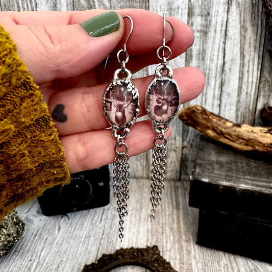 Road To Nowhere - Mismatched Vintage Bar / Deer Taxidermy  Fine Silver Long Fringe Earrings