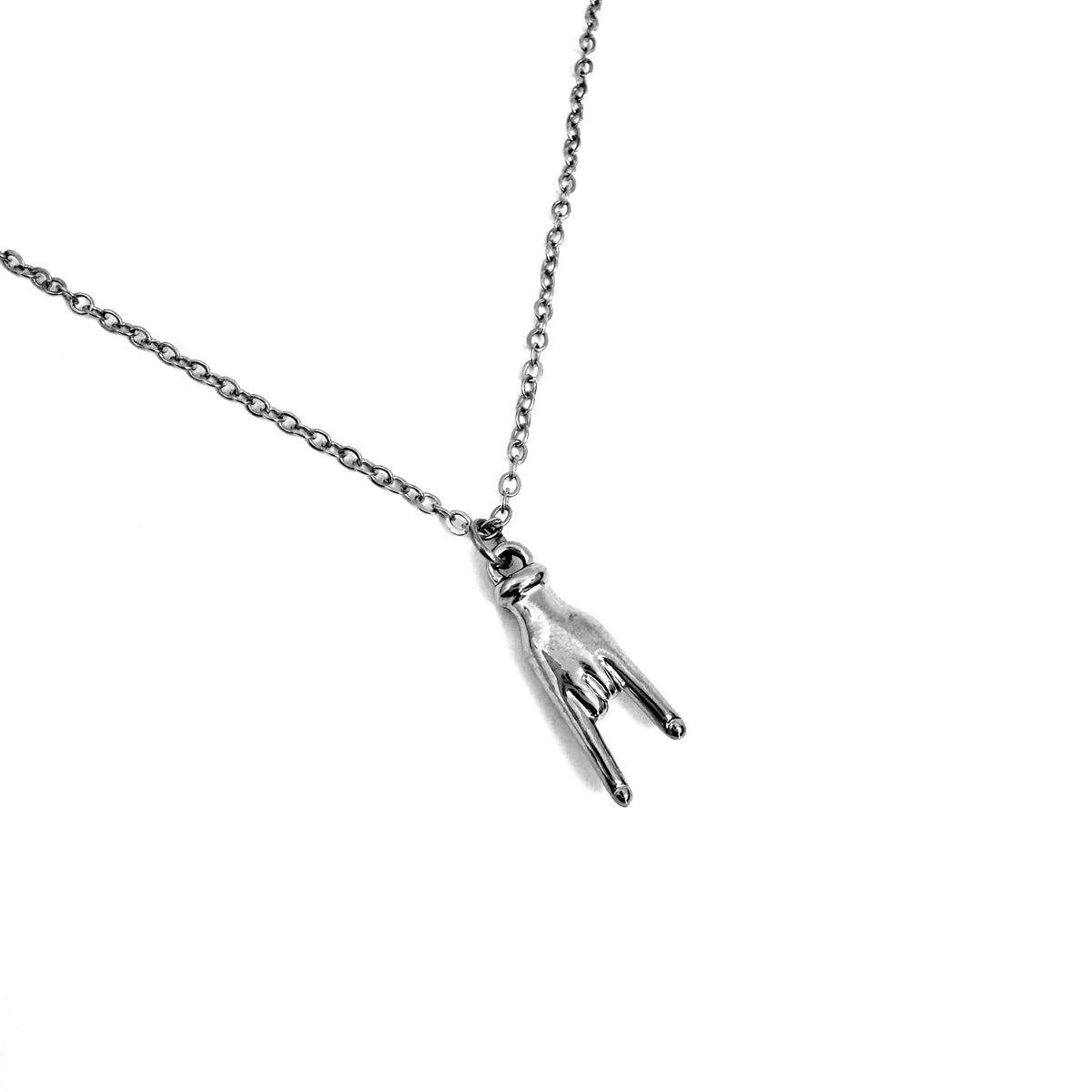 Rock On Hand Charm stainless steel pendant necklace from the Lucky Charm Bar at Foxlark