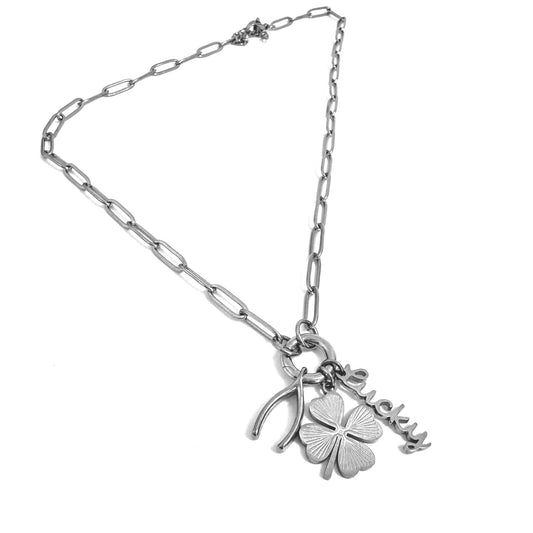 FOXLARK Everyone's Obsessed Charm Collector Necklace with paperclip chain and lucky charm bar, featuring unique charms and a carabiner clasp.