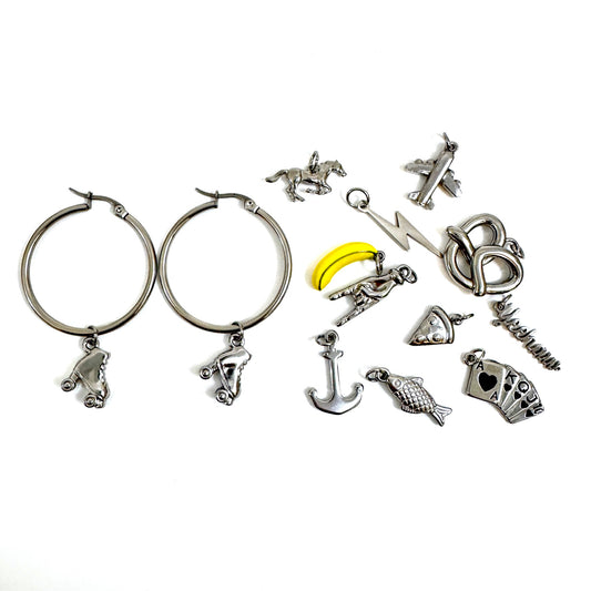 FOXLARK Everyday Charm Collector Hoop Earrings featuring round tube stainless steel charms from Lucky Charm Bar.