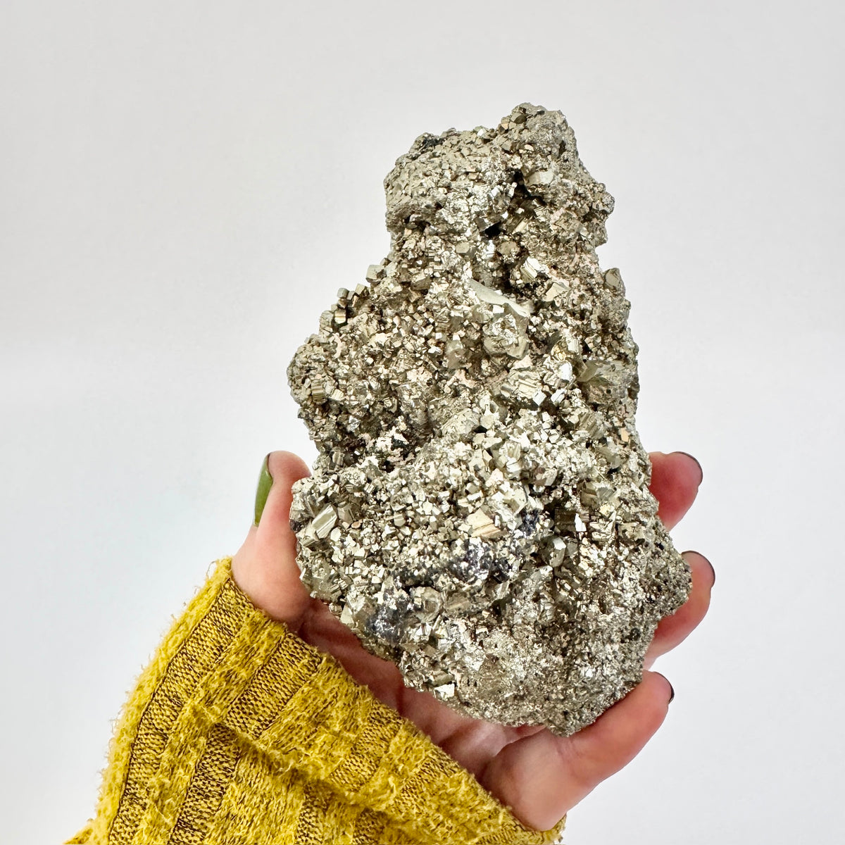 Self-standing pyrite crystal cluster from FoxlarkCrystals, featuring metallic gold pyrite formations on a natural mineral base.