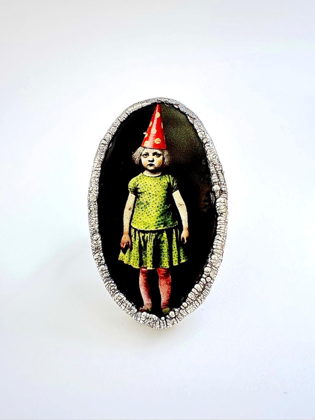 Silver Party Girl statement ring in size 10 from FOXLARK's The Weirdlings Collection, featuring intricate design and fine craftsmanship.