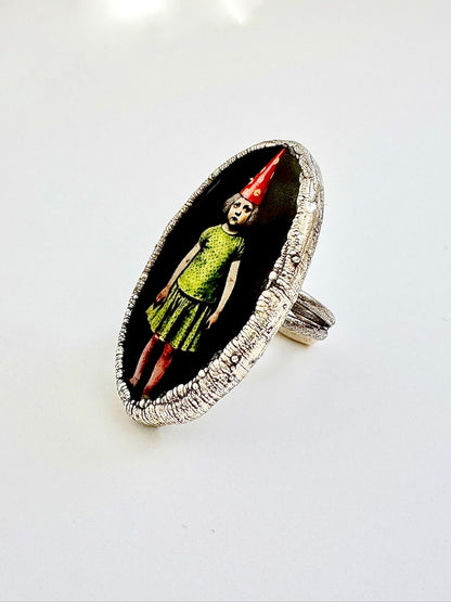 Silver Party Girl statement ring by FOXLARK from The Weirdlings Collection, size 10, with intricate design and fine silver finish.