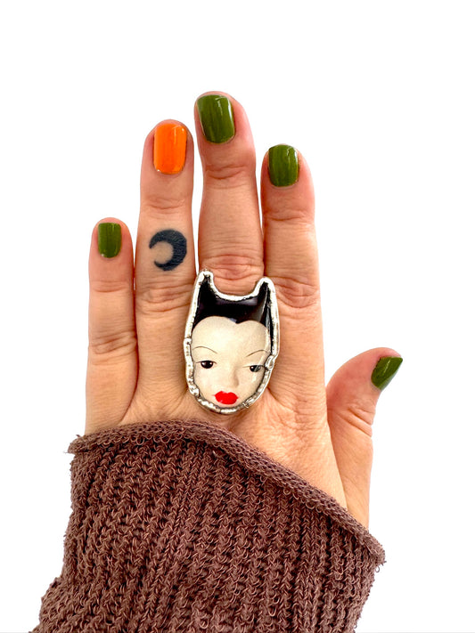 Doll Face Statement Ring – Fine Silver, Size 8.5 | The Weirdlings Collection