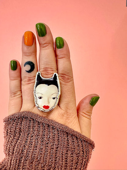 Doll Face Statement Ring – Fine Silver, Size 8.5 | The Weirdlings Collection