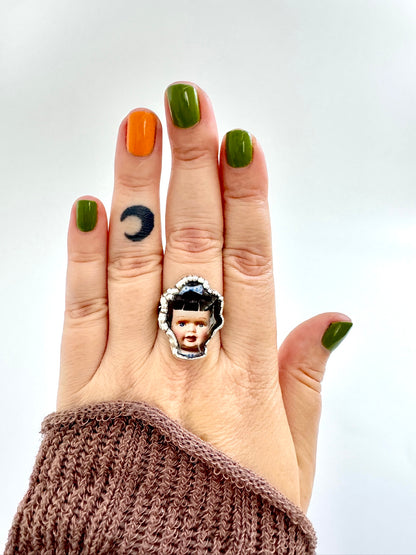The Weirdlings Collection - Doll Head Ring | Size 9 | Fine Silver