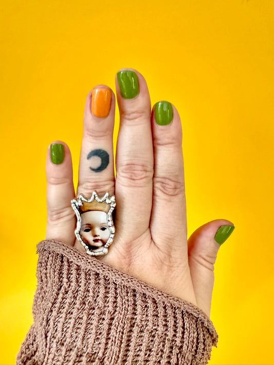 The Weirdlings Collection - Doll Head Ring | Size 8 | Fine Silver