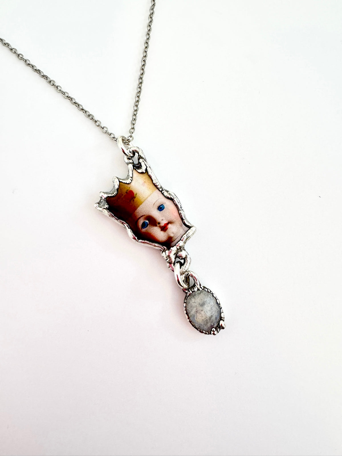 The Weirdlings Collection - Doll Head With Rainbow Moonstone Charm Necklace | Fine Silver