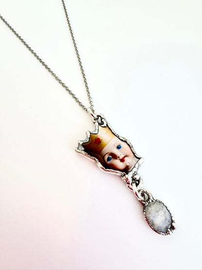 The Weirdlings Collection - Doll Head With Rainbow Moonstone Charm Necklace | Fine Silver