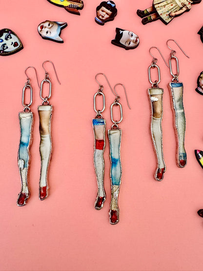 Mismatched Doll Leg Earrings – Long Dangle Statement Earrings, Fine Silver | The Weirdlings Collection