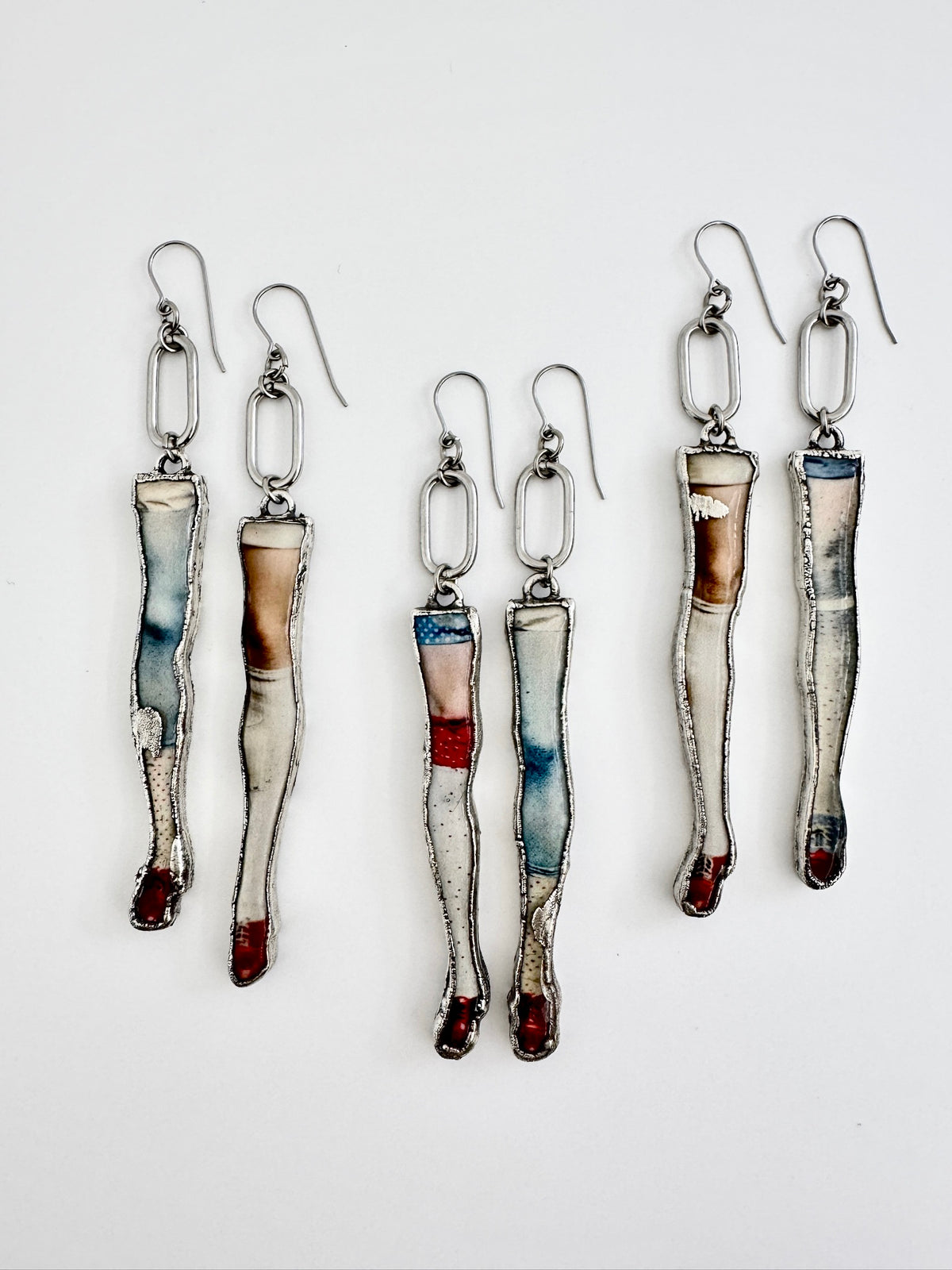 Mismatched Doll Leg Earrings – Long Dangle Statement Earrings, Fine Silver | The Weirdlings Collection