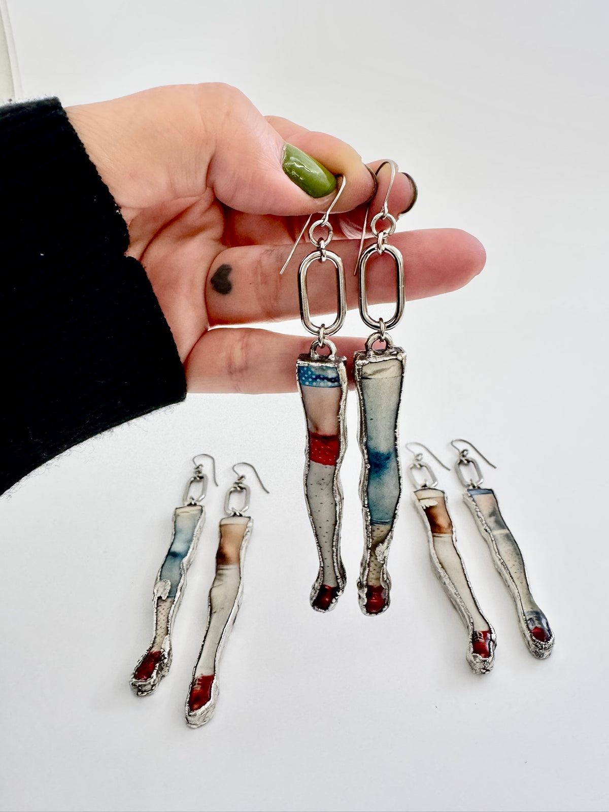 Mismatched Doll Leg Earrings – Long Dangle Statement Earrings, Fine Silver | The Weirdlings Collection
