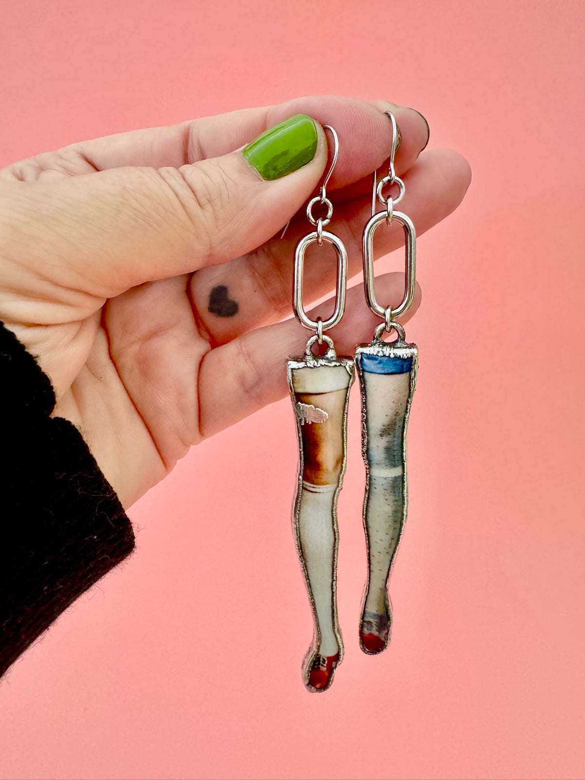 Mismatched Doll Leg Earrings – Long Dangle Statement Earrings, Fine Silver | The Weirdlings Collection