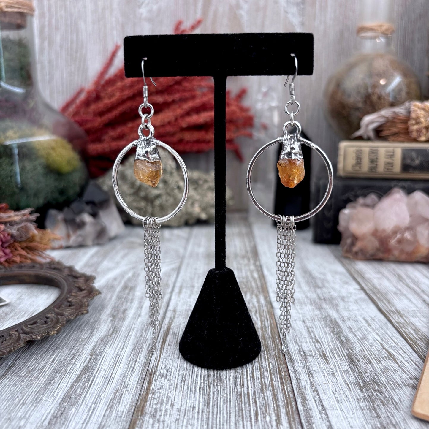 Raw Citrine Hoop And Fringe Silver Crystal Earrings / Long Dangle Witchy Earrings
