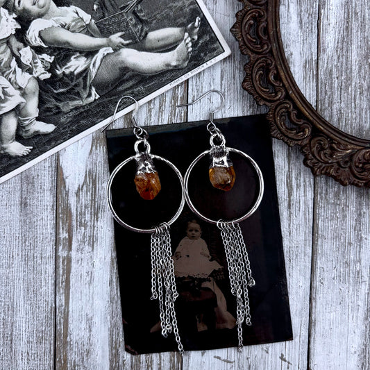 Raw Citrine Hoop And Fringe Silver Crystal Earrings / Long Dangle Witchy Earrings