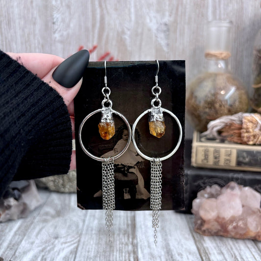 Raw Citrine Hoop And Fringe Silver Crystal Earrings / Long Dangle Witchy Earrings