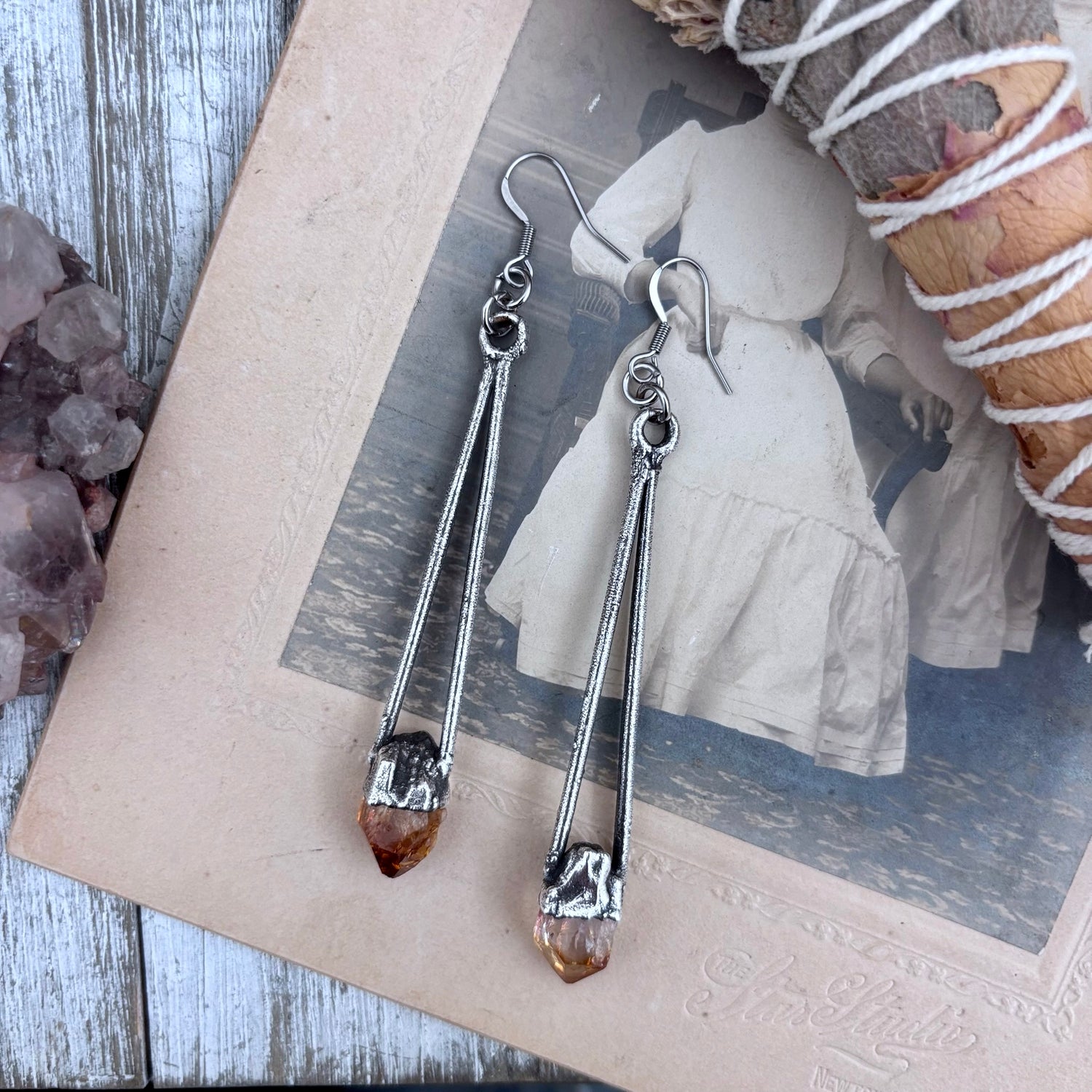 Raw Citrine Fine Silver Crystal Drop Earrings / Long Dangle Witchy Earrings FOXLARK
