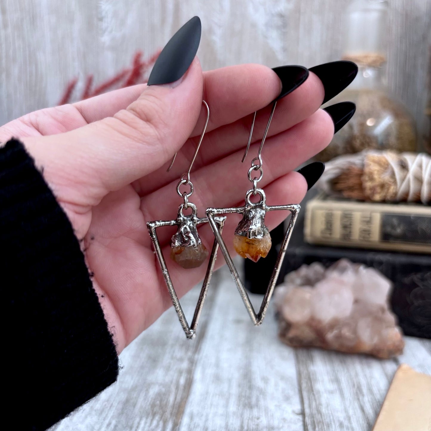 Raw Citrine Triangle Fine Silver Crystal Earrings / Long Dangle Witchy Earrings
