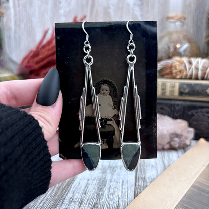 Spiderweb Obsidian Fine Silver Crystal Drop Earrings / Long Dangle Witchy Earrings