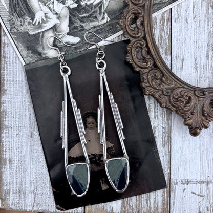 Spiderweb Obsidian Fine Silver Crystal Drop Earrings / Long Dangle Witchy Earrings