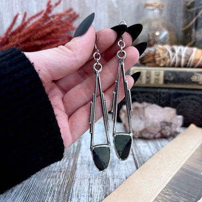 Spiderweb Obsidian Fine Silver Crystal Drop Earrings / Long Dangle Witchy Earrings