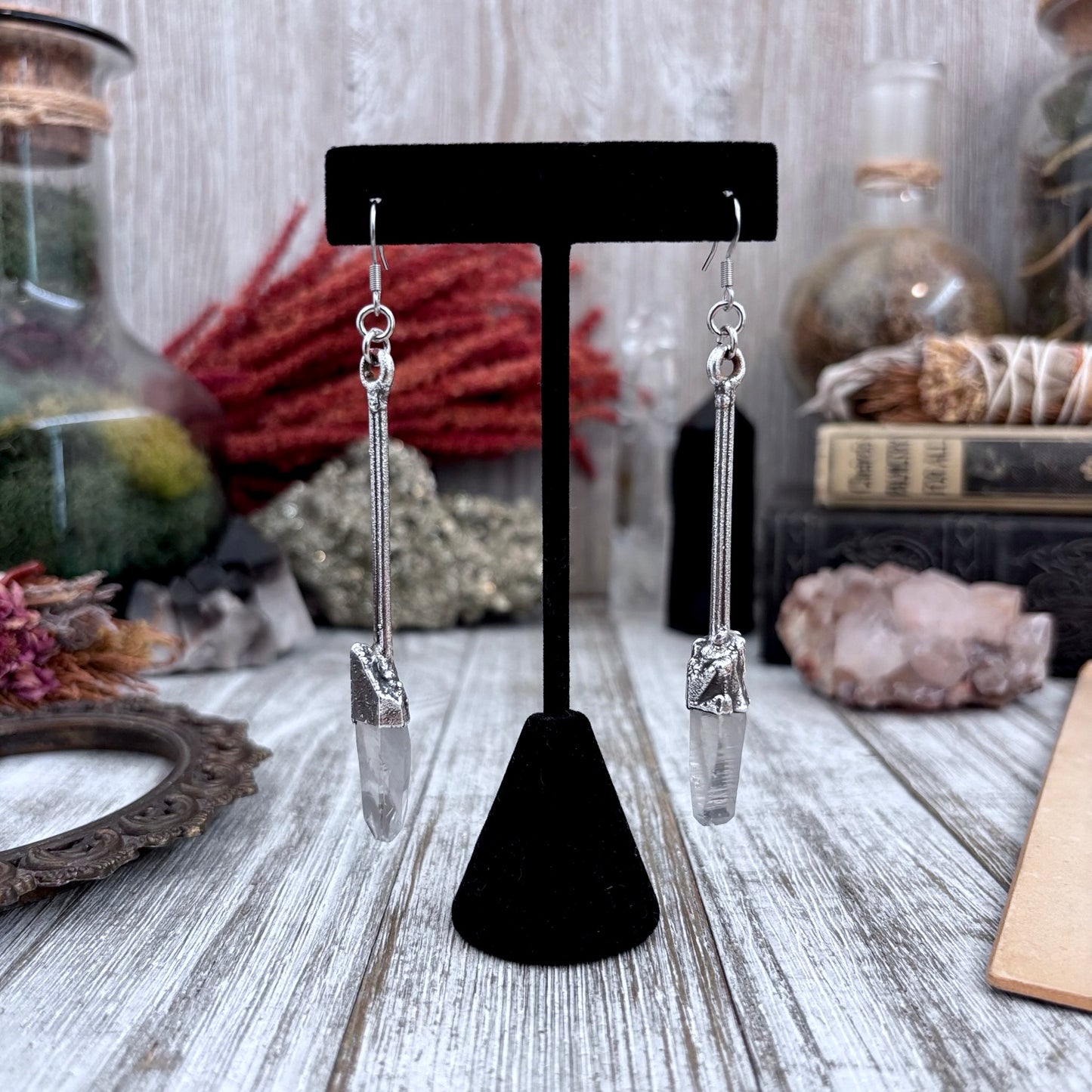 Raw Clear Quartz Fine Silver Crystal Drop Earrings / Long Dangle Witchy Earrings