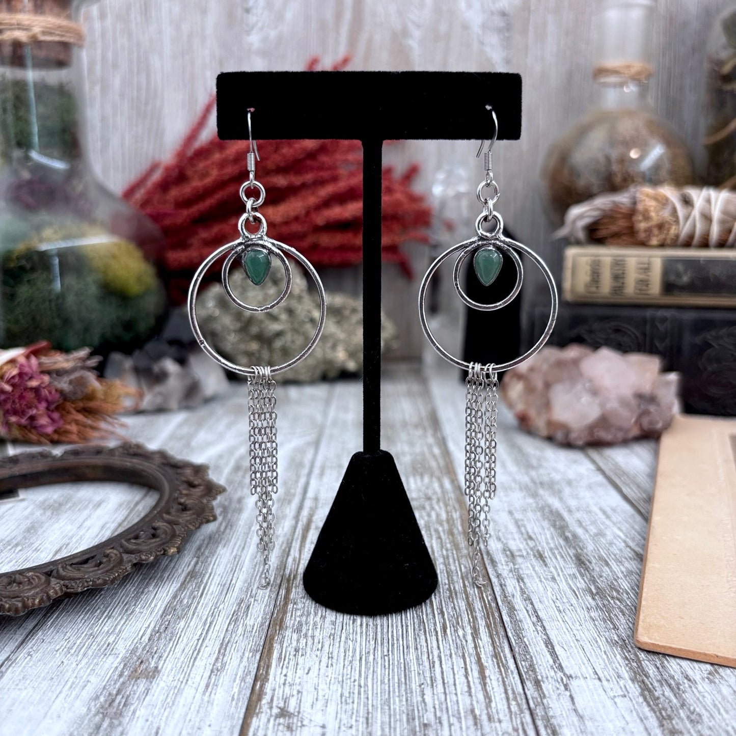 Aventurine Hoop And Fringe Fine Silver Crystal  Earrings / Long Dangle Witchy Earrings