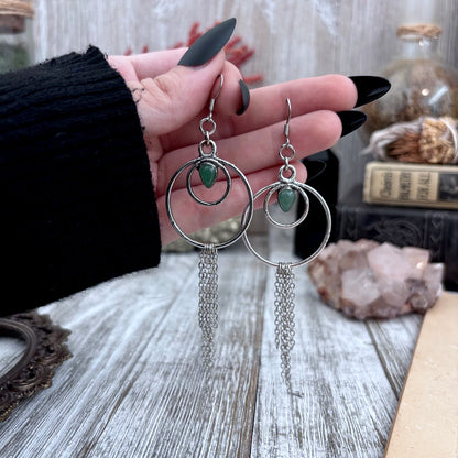 Aventurine Hoop And Fringe Fine Silver Crystal  Earrings / Long Dangle Witchy Earrings