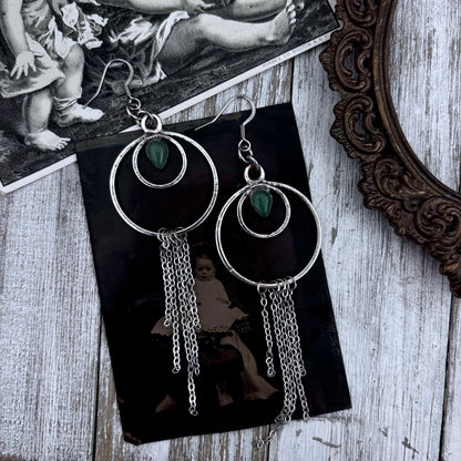 Aventurine Hoop And Fringe Fine Silver Crystal  Earrings / Long Dangle Witchy Earrings