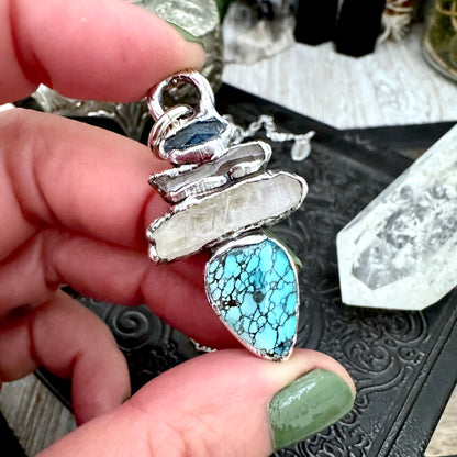 Multi Stone Blue Kyanite Raw Clear Quartz Turquoise Necklace Silver / Foxlark Collection