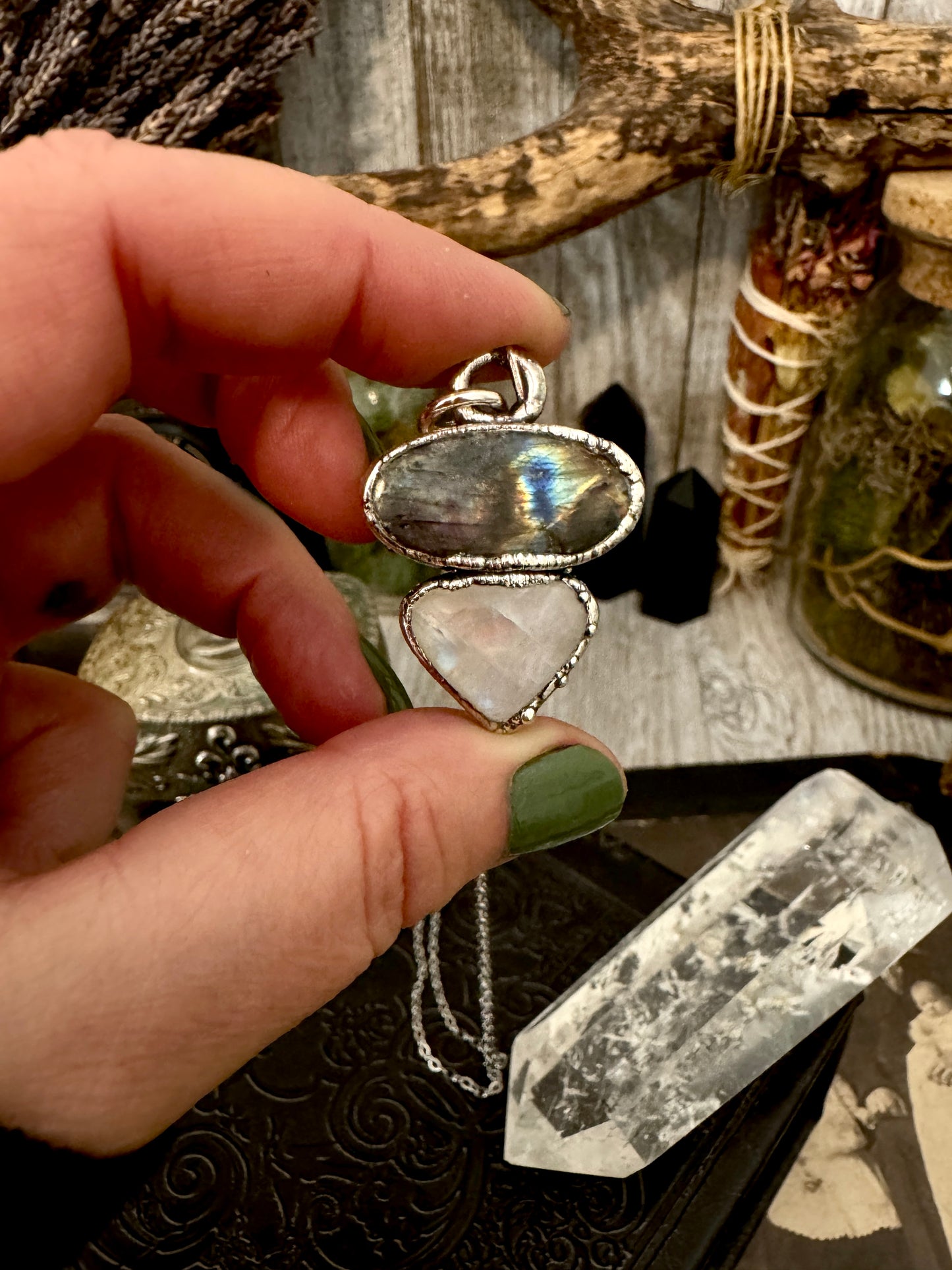 Multi Stone Labradorite Rainbow Moonstone Necklace Silver / Foxlark Collection