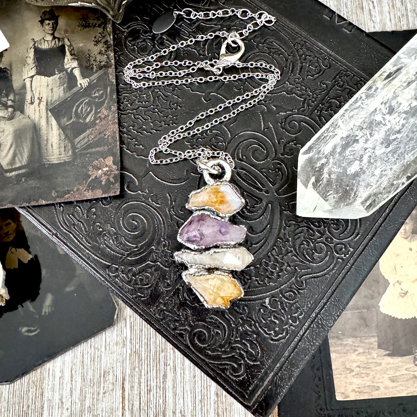 Multi Stone Raw Amethyst Citrine Clear Quartz Necklace Silver / Foxlark Collection