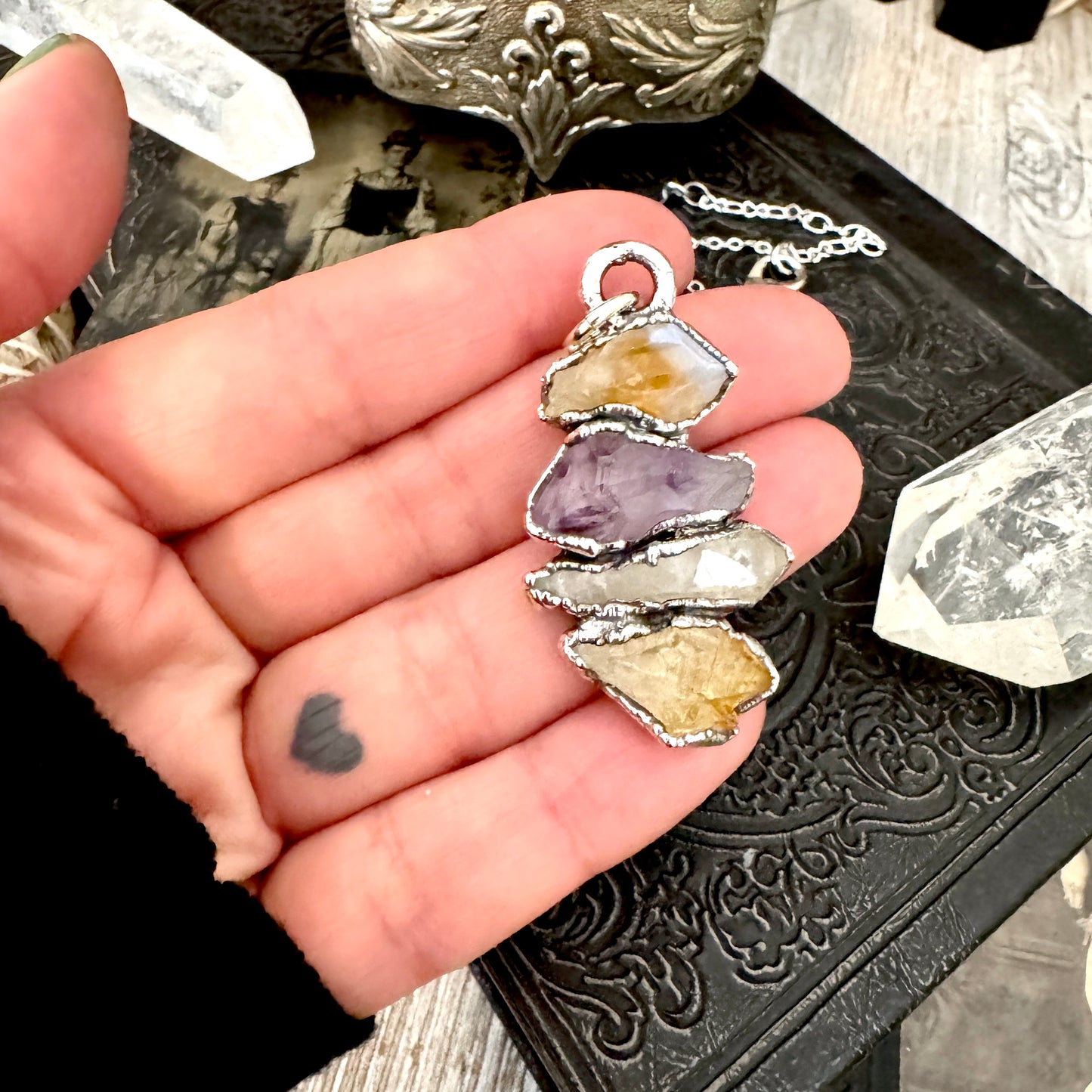 Multi Stone Raw Amethyst Citrine Clear Quartz Necklace Silver / Foxlark Collection