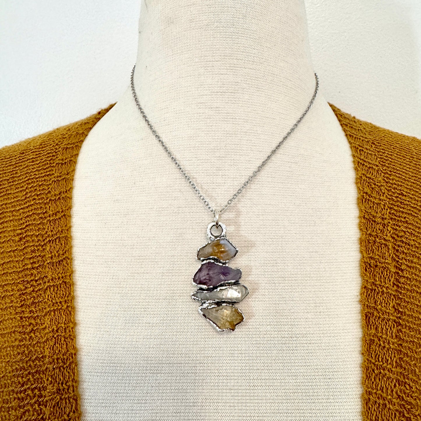 Multi Stone Raw Amethyst Citrine Clear Quartz Necklace Silver / Foxlark Collection