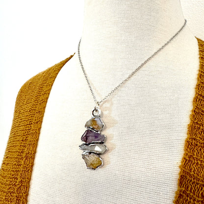 Multi Stone Raw Amethyst Citrine Clear Quartz Necklace Silver / Foxlark Collection