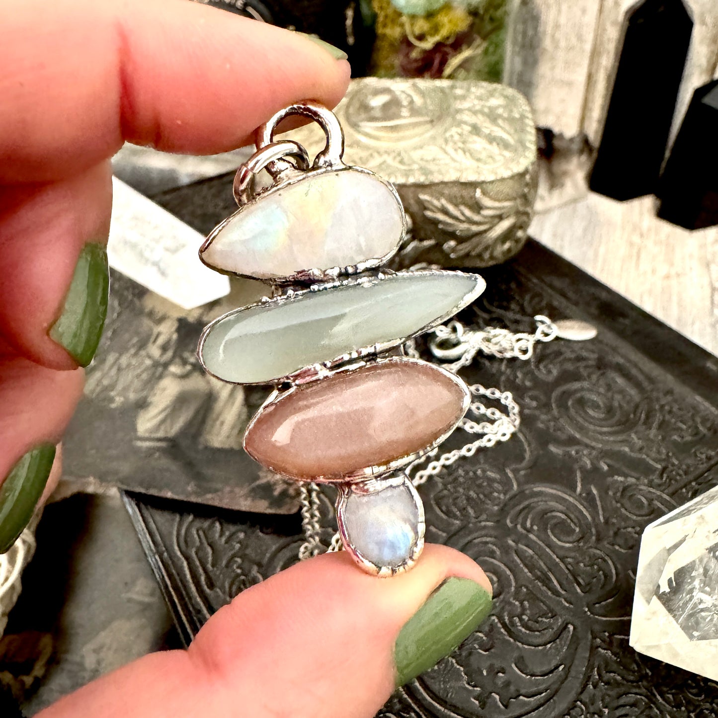 Multi Stone Rainbow Moonstone Chalcedony Peach Moonstone Necklace Silver / Foxlark Collection