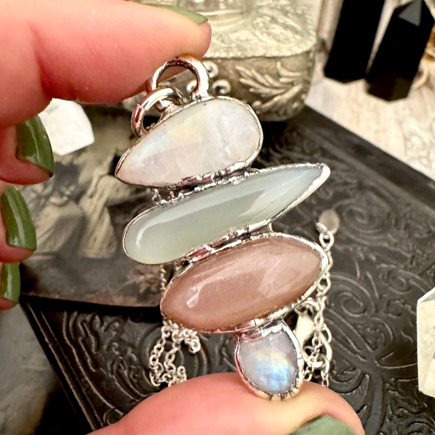 Multi Stone Rainbow Moonstone Chalcedony Peach Moonstone Necklace Silver / Foxlark Collection