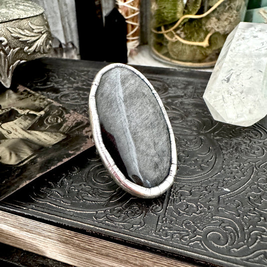 Silver Sheen Obsidian Crystal Ring Fine Silver Size 8.5 / Foxlark Collection - One of a Kind